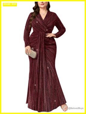 Plus Size Long Sleeve V-Neck Ruched Bodycon Mermaid Maxi Evening Dress